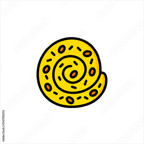 Delicious yellow snail pastry with chocolate chips rests on a white plate, inviting indulgence and sweet enjoyment.