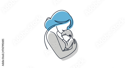 Minimalist Line Art of a Mother Tenderly Holding Her Newborn Baby.