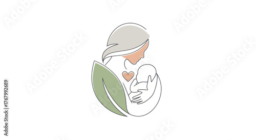 Stylized line art of a mother embracing her newborn baby with love.