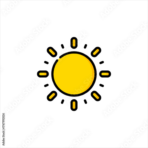 Bright sun shines warmly in clear blue sky, radiating heat and light, creating a cheerful and sunny atmosphere.