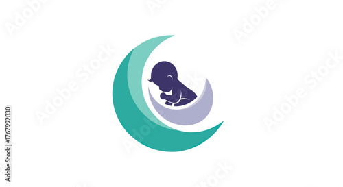 Creative logo design of a baby sleeping on a crescent moon.