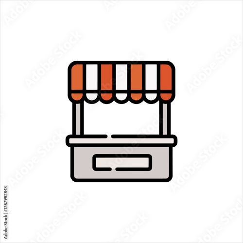 Market stall with striped awning selling goods in outdoor market during summer fair, creating a vibrant and festive atmosphere.