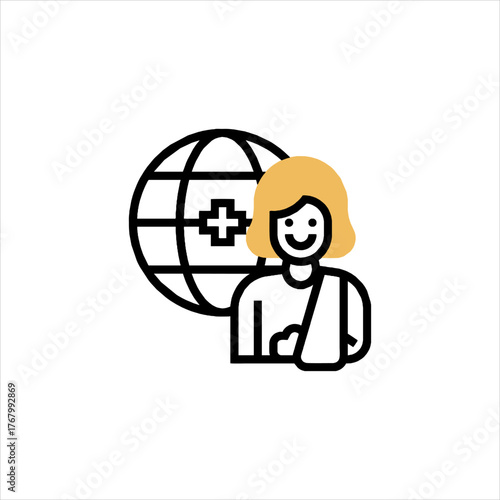 Smiling woman with arm in sling stands in front of globe with medical cross, representing global healthcare and medical assistance, conveying hope and support.
