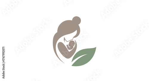 Mother holding baby with leaf symbol representing nature and care.