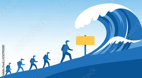 Silhouettes of people walking uphill towards an evacuation route sign as a giant wave approaches isolated on transparent background