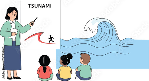 Teacher educating children about tsunami safety and preparedness with a large wave illustration isolated on transparent background