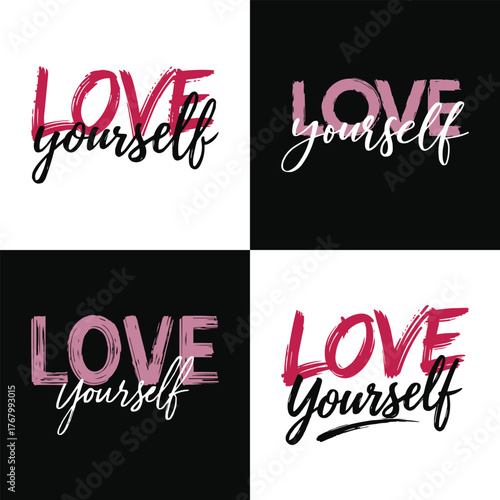 Love yourself inspirational typography vector with brush lettering and modern calligraphy style for motivational quote design