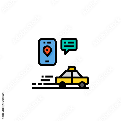 Yellow taxi car speeds towards destination guided by smartphone app with location pin and message bubble indicating ride request in a modern, convenient theme.