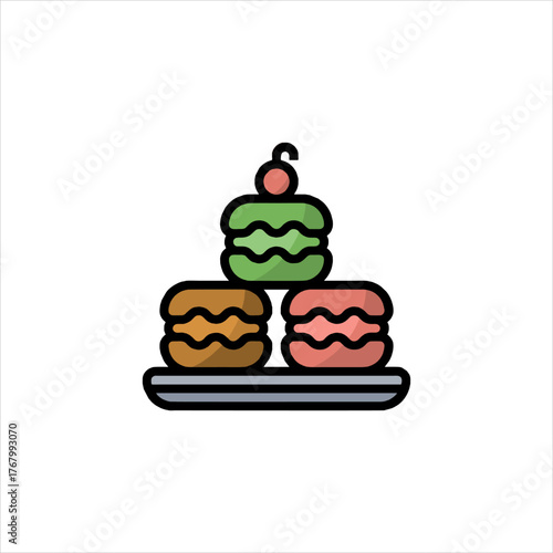 Stack of colorful macarons sitting on a plate, presented as a sweet treat in a bakery, creating a delightful and tempting visual.