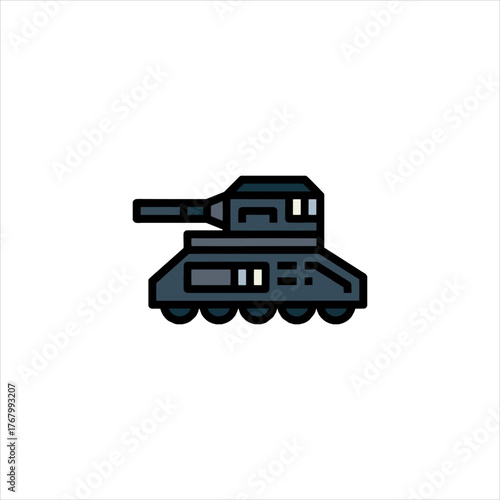 Stylized tank moving forward on a white surface representing modern warfare and military technology with a minimalist and bold aesthetic.