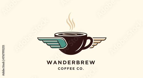 Coffee cup with wings, symbolizing travel and exploration, perfect for a coffee brand logo.