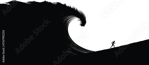 Silhouette of a tiny person standing on a hill facing a massive dark wave crashing down isolated on transparent background