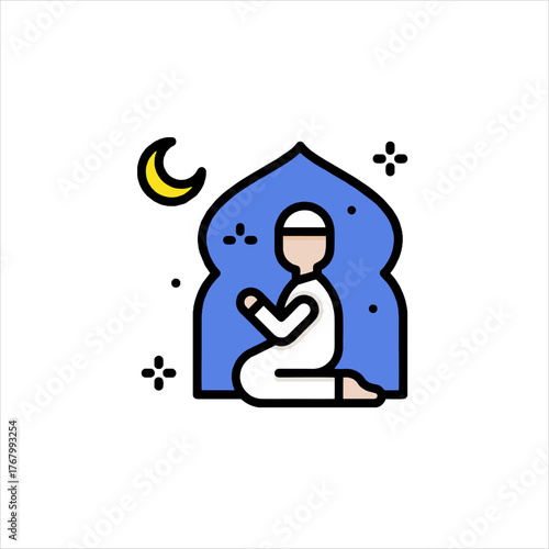 Muslim man prays inside mosque during ramadan night, seeking blessings and spiritual connection with faith and devotion.