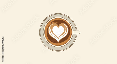 Overhead view of a coffee cup with heart shaped latte art illustration.