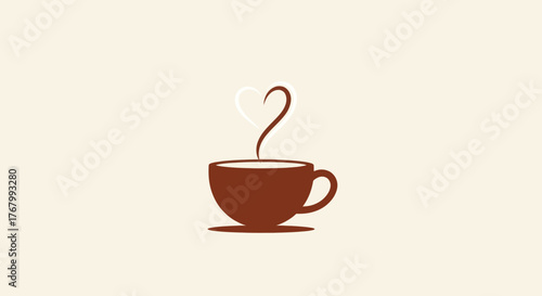 Minimalist Brown Coffee Cup with Steam Illustration on Beige Background.