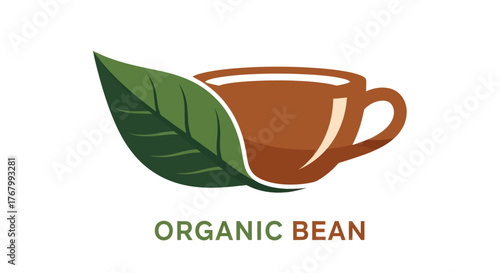 Organic Bean Logo Featuring Coffee Cup and Green Leaf.