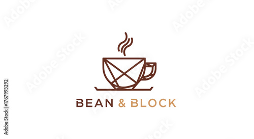 Elegant coffee cup logo with geometric design for Bean  Block cafe.