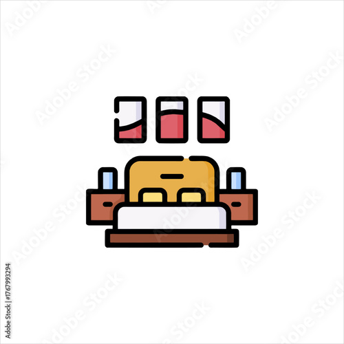 Cozy bedroom with double bed and bedside tables arranged beneath framed artwork creates a relaxing and inviting atmosphere.