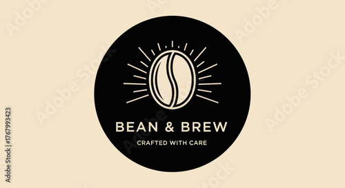 Bean  Brew Coffee Shop Logo with Coffee Bean and Sunburst Design.