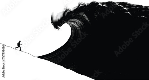 Tiny silhouette of a person running away from a massive dark crashing ocean wave isolated on transparent background