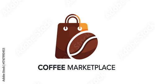 Coffee Marketplace Logo Depicting Shopping Bag and Coffee Bean.