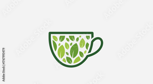 Green Tea Cup Filled with Leaves, Herbal Beverage Concept.