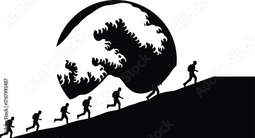 Silhouettes of hikers climbing a steep hill towards a giant abstract mountain shape isolated on transparent background
