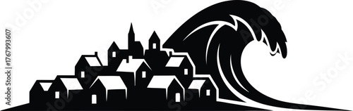 Stylized black and white illustration of a large wave crashing over a row of buildings isolated on transparent background