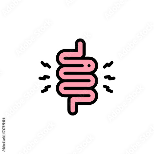 Human intestine experiencing discomfort with radiating pain signals, representing digestive issues and health concerns, depicted in a minimalist style.