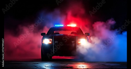 Dramatic police car illuminated by flashing red and blue lights in smoky darkness