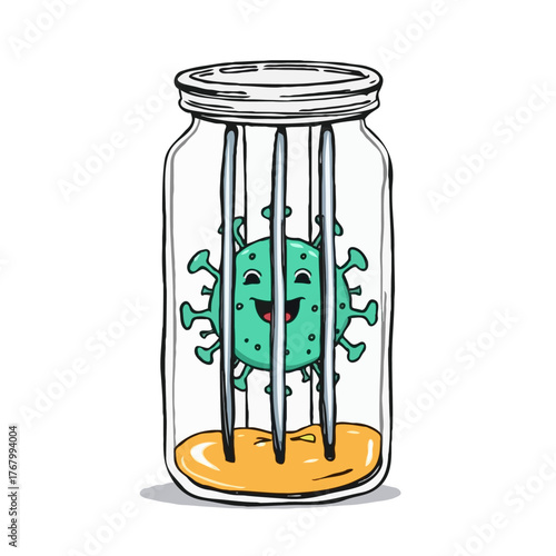 Hand-drawn funny cartoon virus trapped inside glass jar, creative humorous vector illustration symbolizing safety and prevention