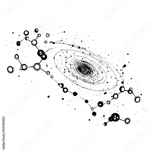 Abstract representation of a galaxy with molecular structures in black and white ink style