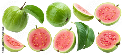 Collection of green guava fruits with pink flesh isolated on white background