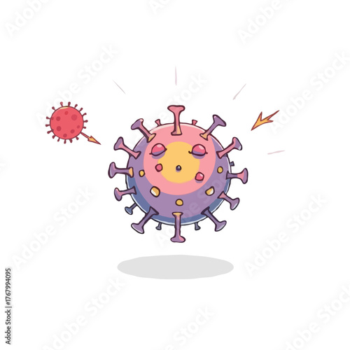 Cartoon virus attacking a healthy cell, flat concept medical illustration of infection and defense, healthcare and disease prevention vector