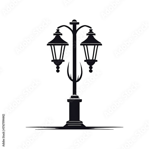 Illuminated vintage street lamp with two glowing lanterns isolated on a black background.