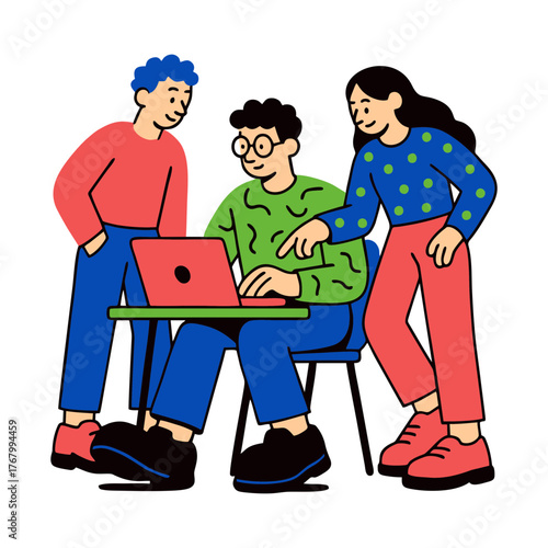 Cartoon Style Diverse Team Collaboration with Laptop and Table Illustration