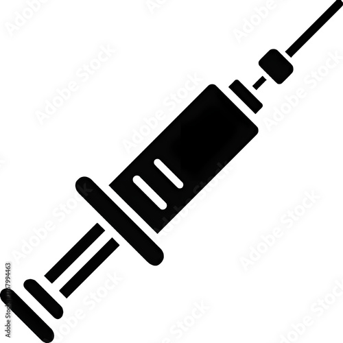 Dark Medical Syringe Icon for Injection and Vaccination. Stylized Healthcare Tool Silhouette on Black Background.