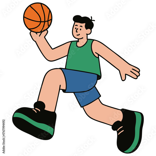 Cartoon Style Boy Dribbling Basketball Illustration with Cheerful Expression
