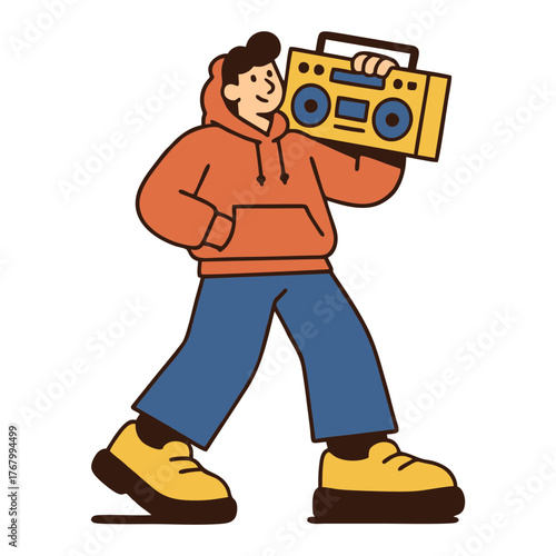 Cartoon Style Man with Radio Cassette Player Walking Down the Street