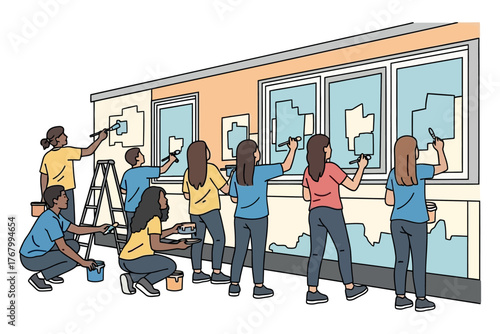 People Cleaning Windows Together isolated on transparent background