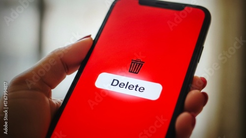 Photos Closeup of a hand holding a smartphone with a red screen showing a delete button