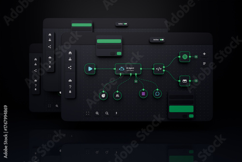 AI workflow automation artificial intelligence software interface nodes triggers data tool dashboard coding icon flow process technology 3d rendering.