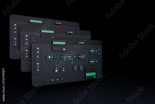 AI workflow automation artificial intelligence software interface nodes triggers data tool dashboard coding icon flow process technology 3d rendering.