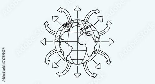 Global outreach depicted through a line drawing of the Earth with directional arrows representing