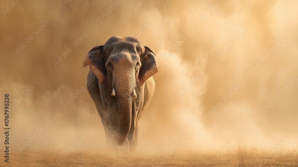 Obraz premium Majestic Elephant Walking Through Dusty Landscape at Sunset