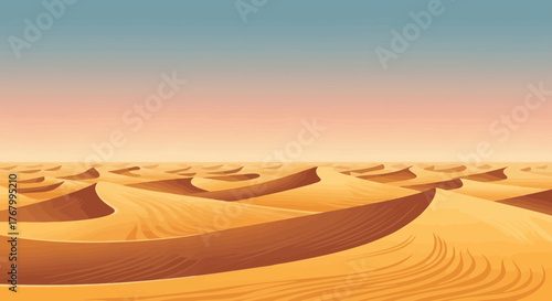 Endless Golden Expanse: A stylized desert landscape with rolling dunes under a gradient sky