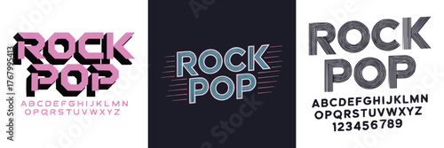 Retro 3D Rock Pop alphabet font set with geometric letter design and vibrant color typography for music poster and modern print