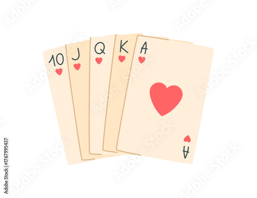 Flat royal flash poker cards on table in simple style. Classic boardgame elements for fun and entertainment. Perfect for casino games, tournaments, and leisure activities.