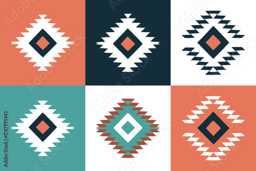 Geometric tribal aztec pattern set with diamond motifs — ethnic textile design in terracotta teal and navy tones