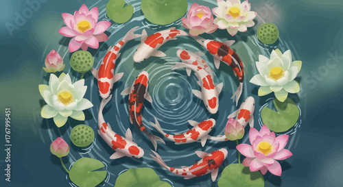 Aesthetic koi fish swimming among water lilies in a peaceful pond creating a circular pattern